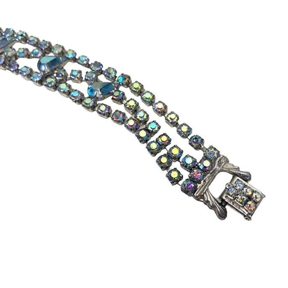 Vintage 50s Dazzling Blue Brilliant AB Prong Set Glass Rhinestones 4Row Bracelet - Picture 4 of 10